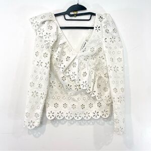 SELF PORTRAIT Frilled white floral voile blouse Long Sleeves Top US 0
